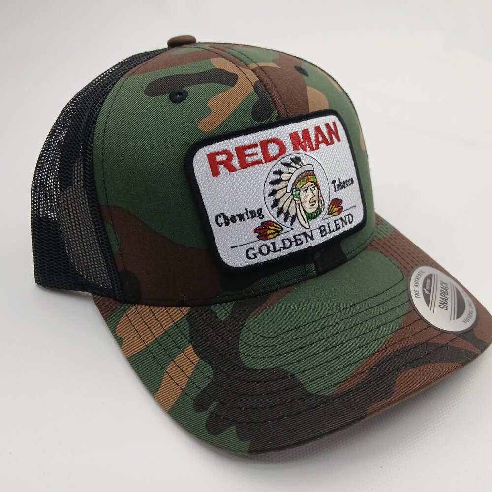 Camo And Black Mesh Snapback Red Man Patch Curved Bill Hat - Picture 3 of 4